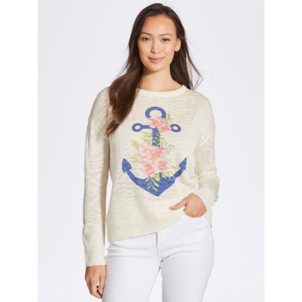 mia & tess Floral Anchor Graphic Crew Neck Sweater in Ivory